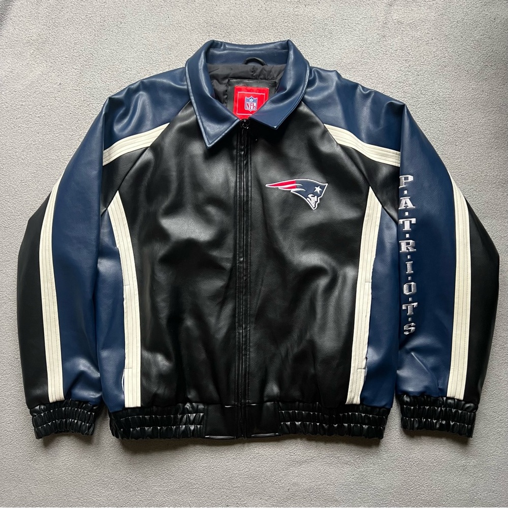 New England Patriots Jacket Mens Extra Large Black Faux Leather Spellout NFL VTG
